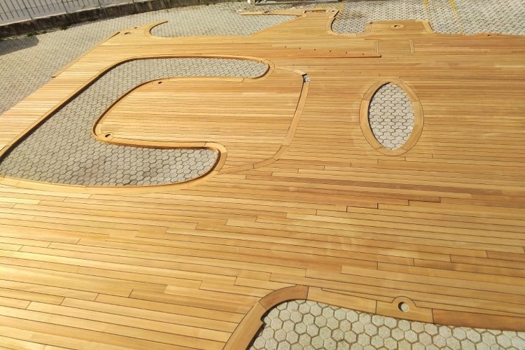 Prefabricated teak deck sections panels for a super yacht by Duca Solutions
